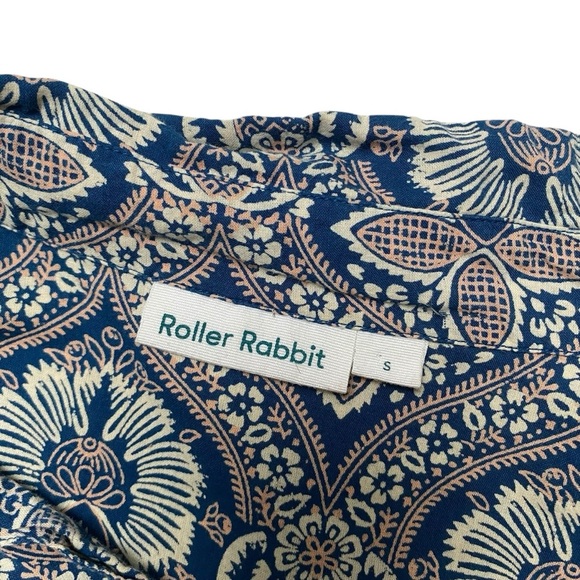 Roller Rabbit Floral Block Print Cotton Button Down Shirt Small Navy Cream - Picture 12 of 13